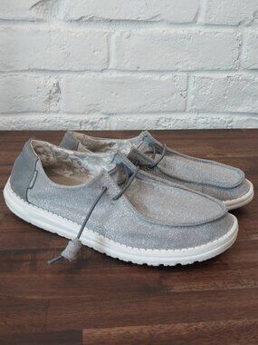 Hey Dude Stretch Shoes Womens 9 Wendy Metallic Sparkle Gray Lightweight Sneakers